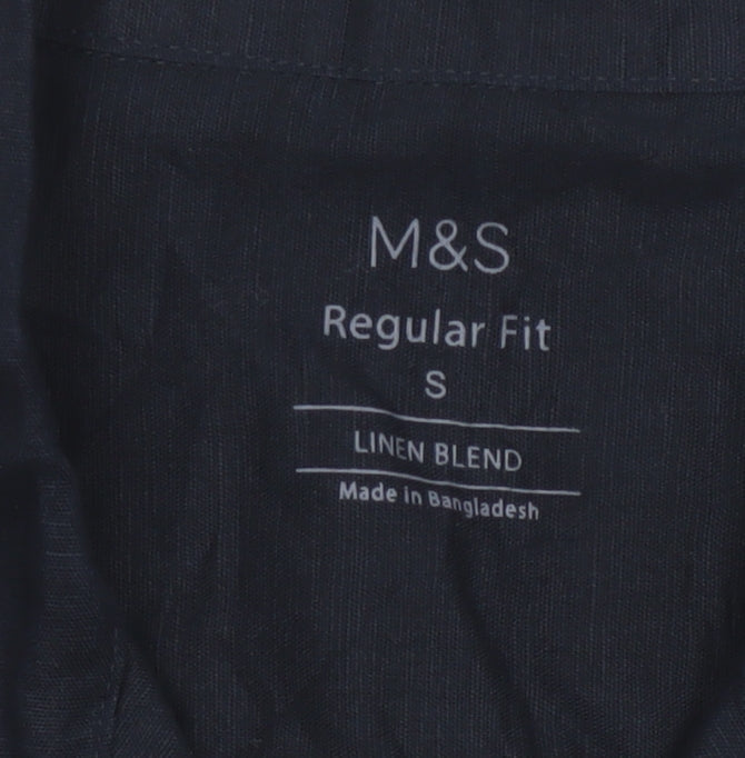 Marks and Spencer Men's Blue Linen Blend Regular Fit Short Sleeve Shirt S