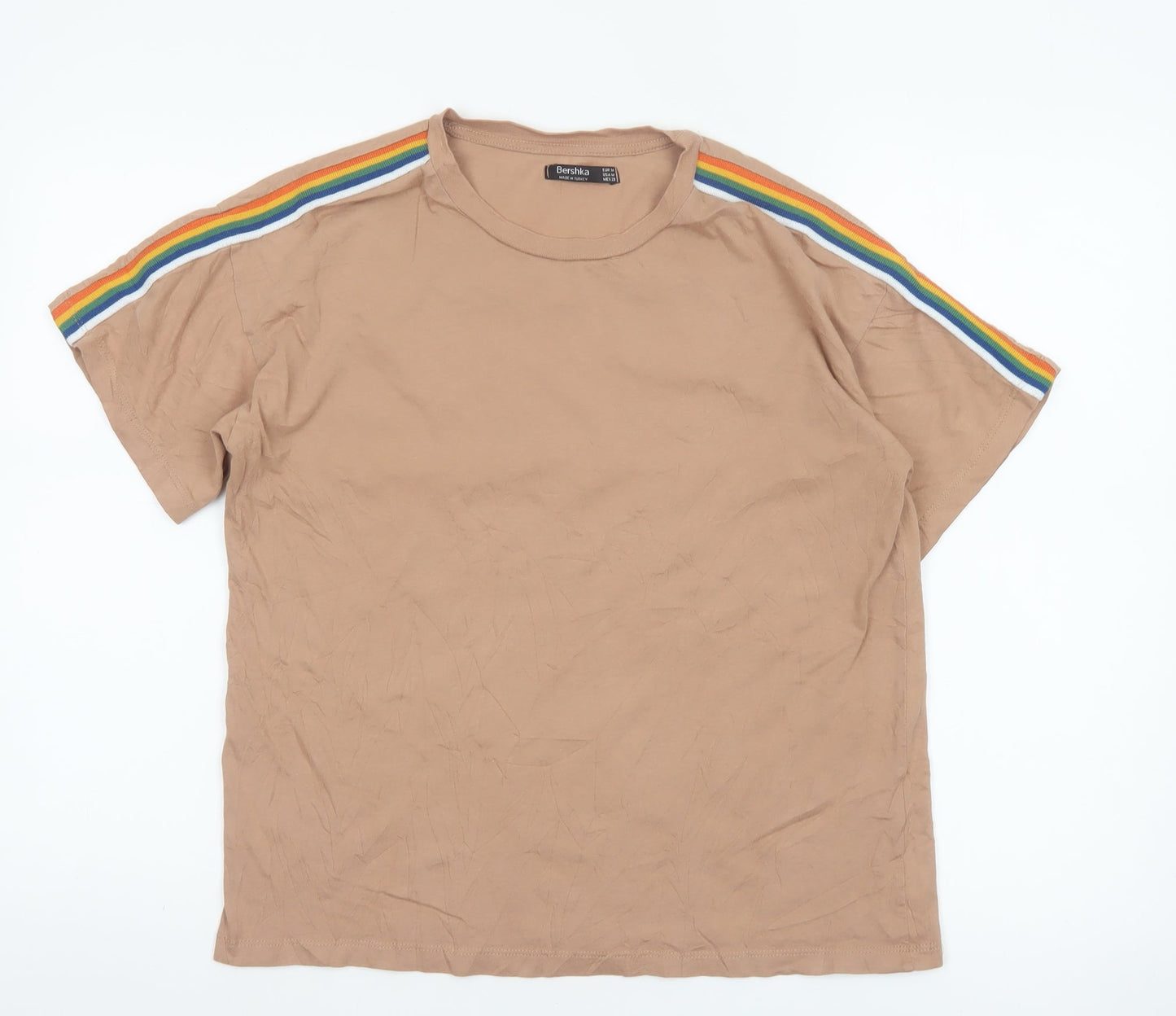 Bershka Womens Beige Rainbow Stripe Sleeve Cotton T-Shirt Size 12