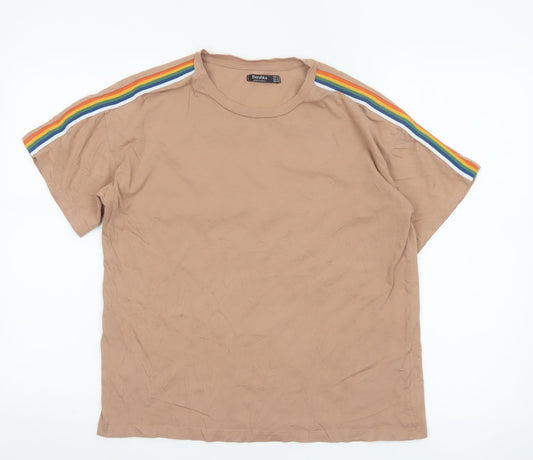Bershka Womens Beige Rainbow Stripe Sleeve Cotton T-Shirt Size 12