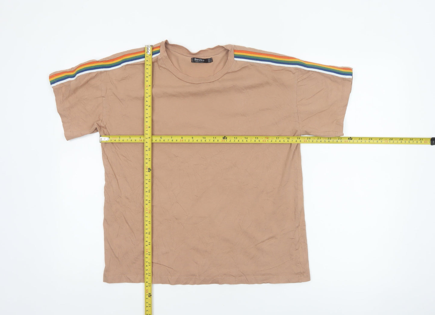 Bershka Womens Beige Rainbow Stripe Sleeve Cotton T-Shirt Size 12
