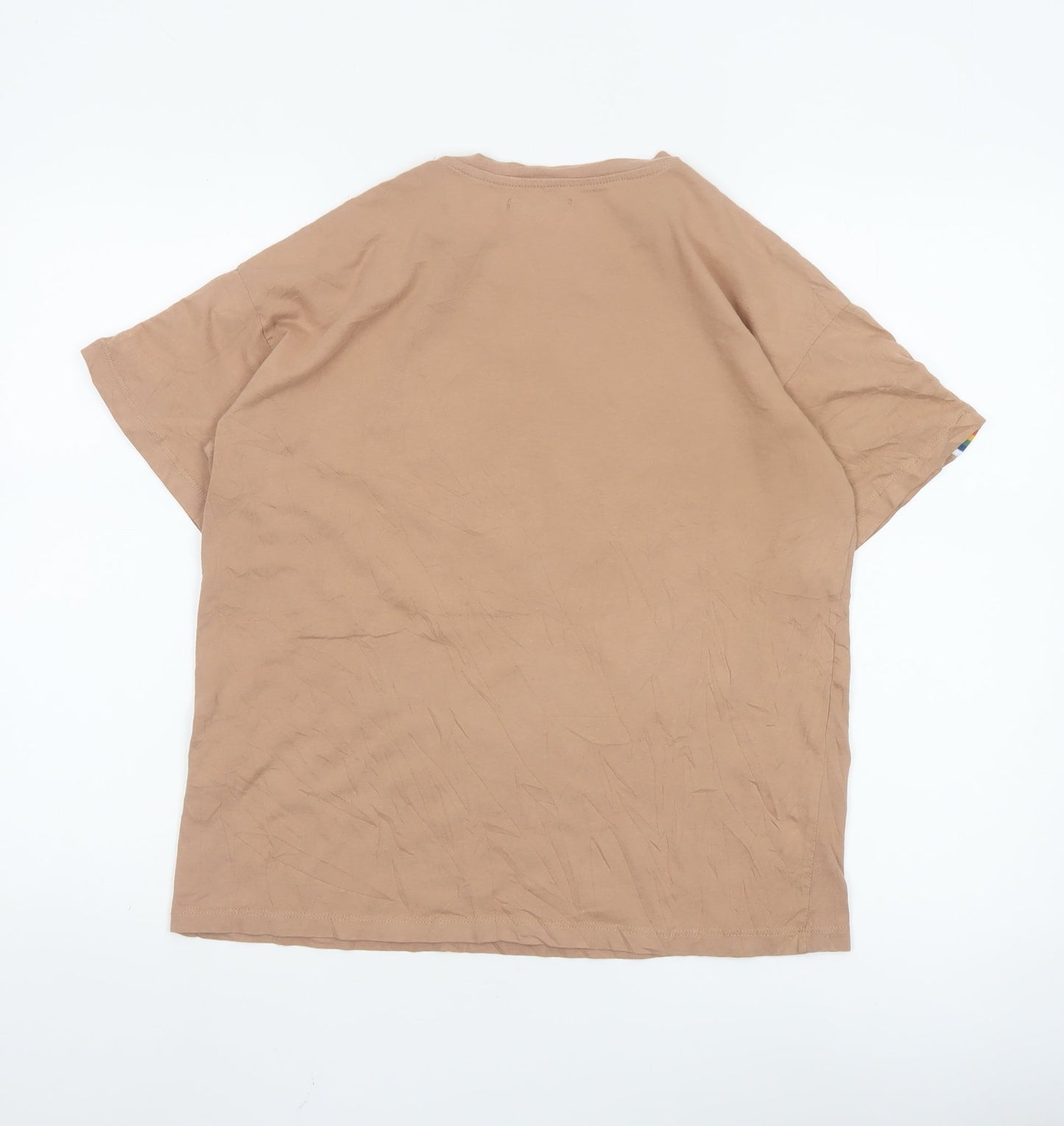 Bershka Womens Beige Rainbow Stripe Sleeve Cotton T-Shirt Size 12