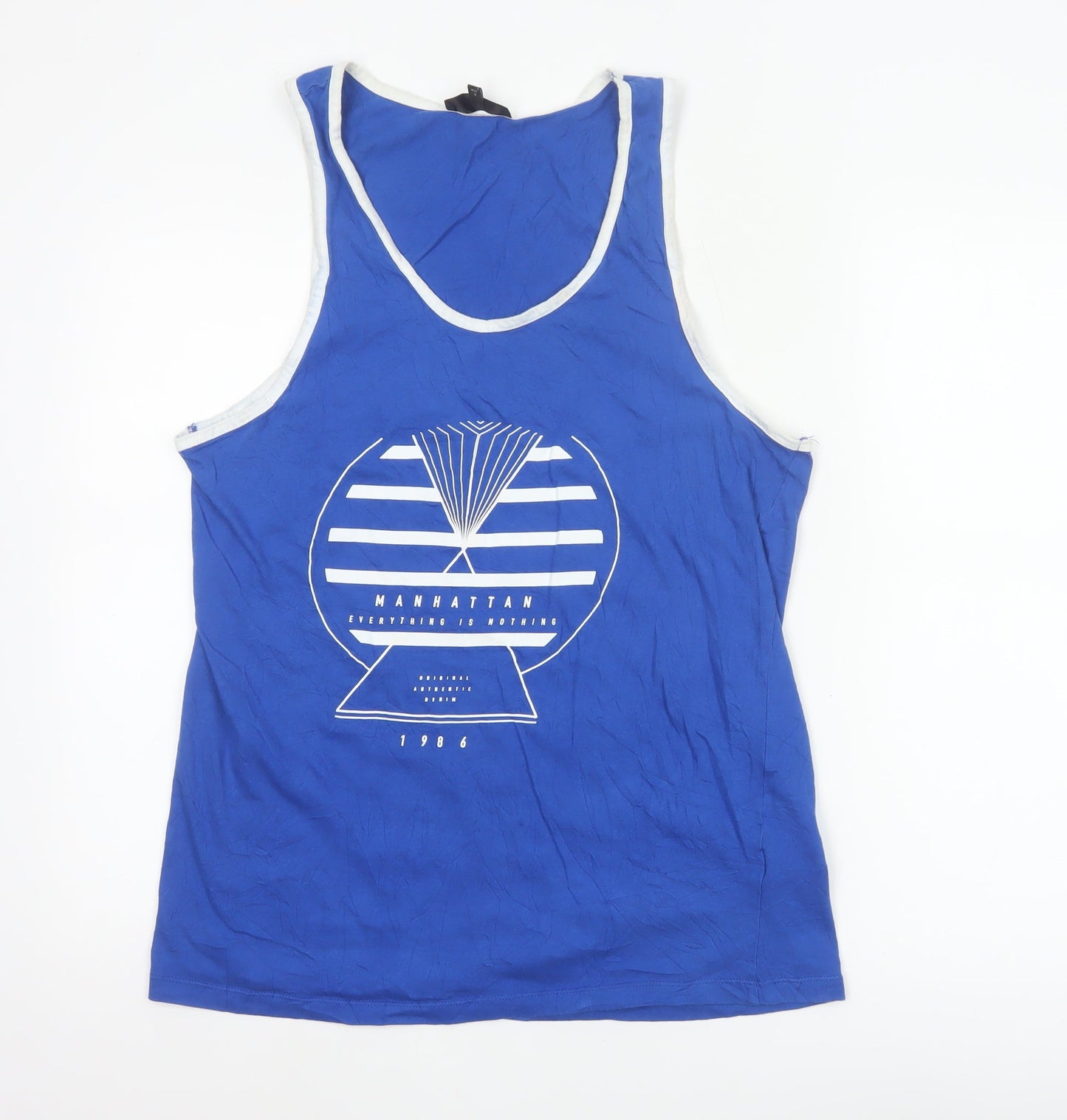 River Island Men's Blue Graphic Sleeveless Cotton Tank Top M