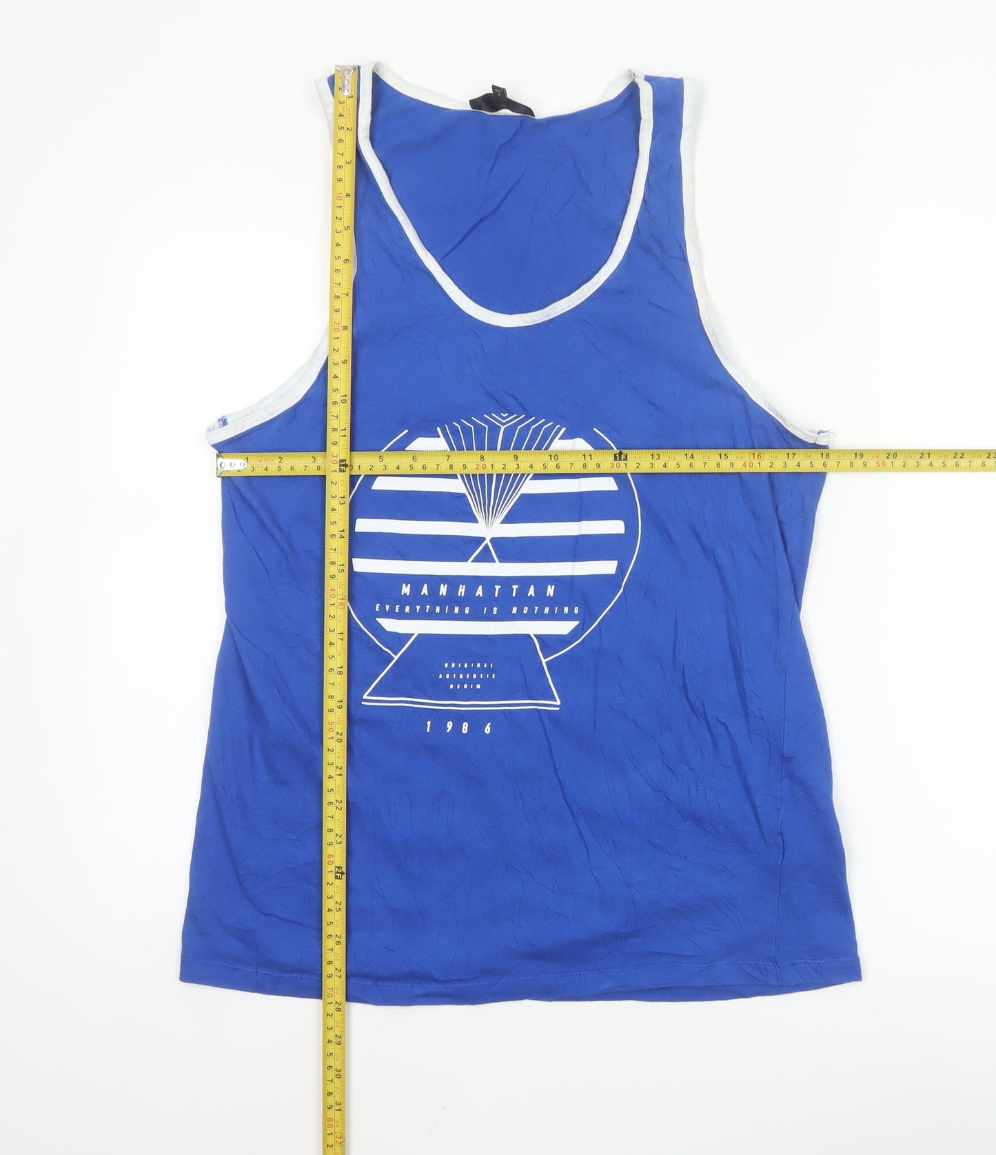 River Island Men's Blue Graphic Sleeveless Cotton Tank Top M