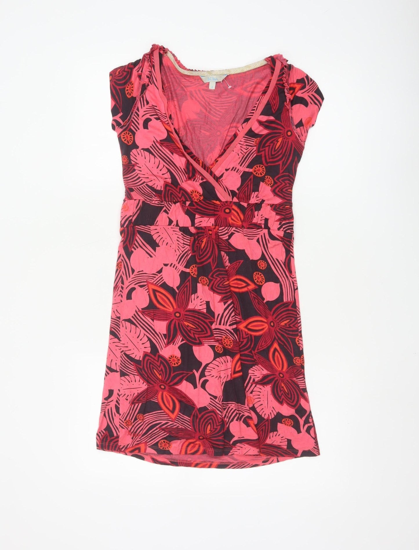 Fat Face Women’s Red Floral Wrap Viscose Stretch Short Sleeve Knee Length Dress Size 8