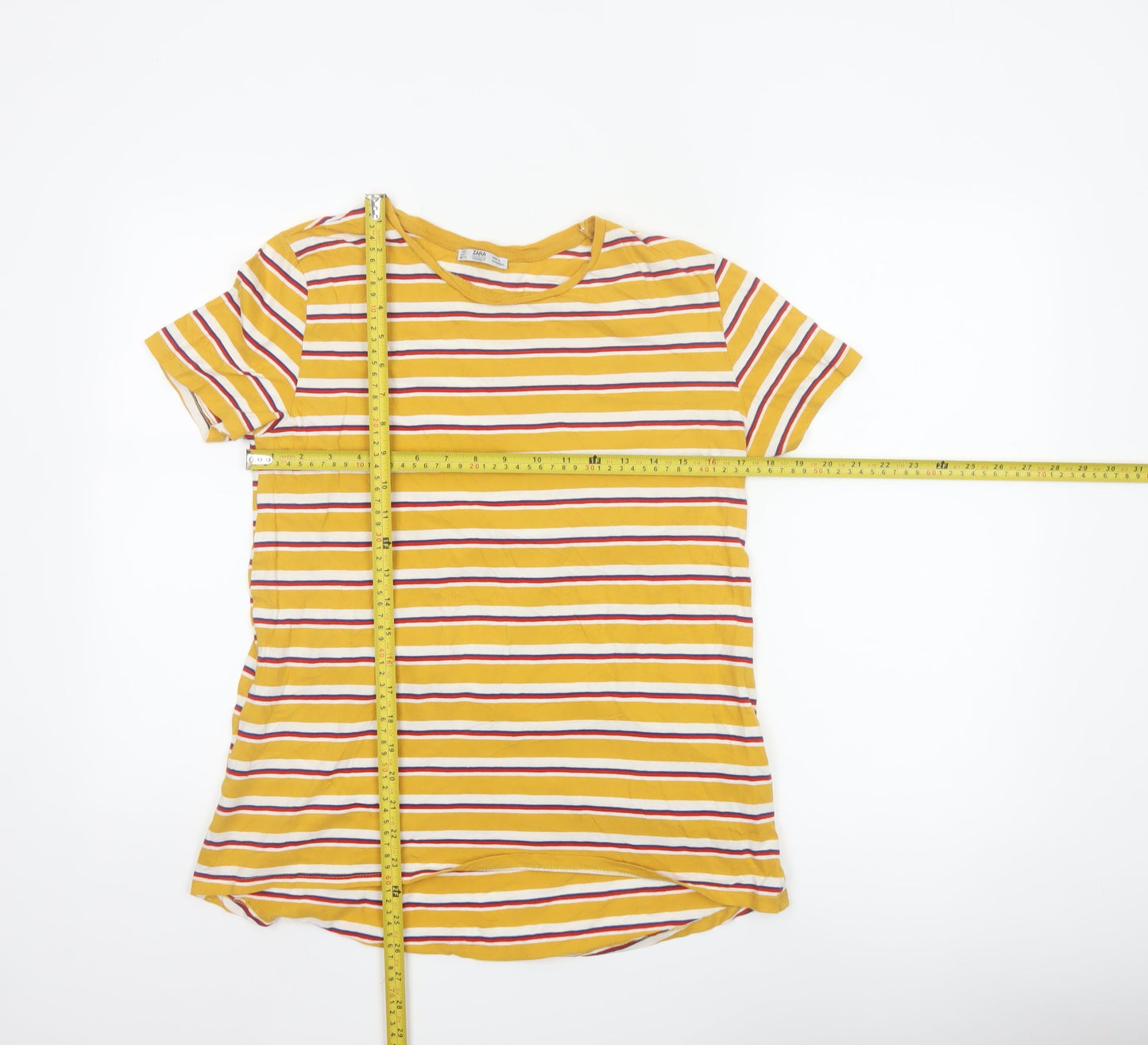 Zara Women Yellow Striped Short Sleeve Basic T-Shirt Size S
