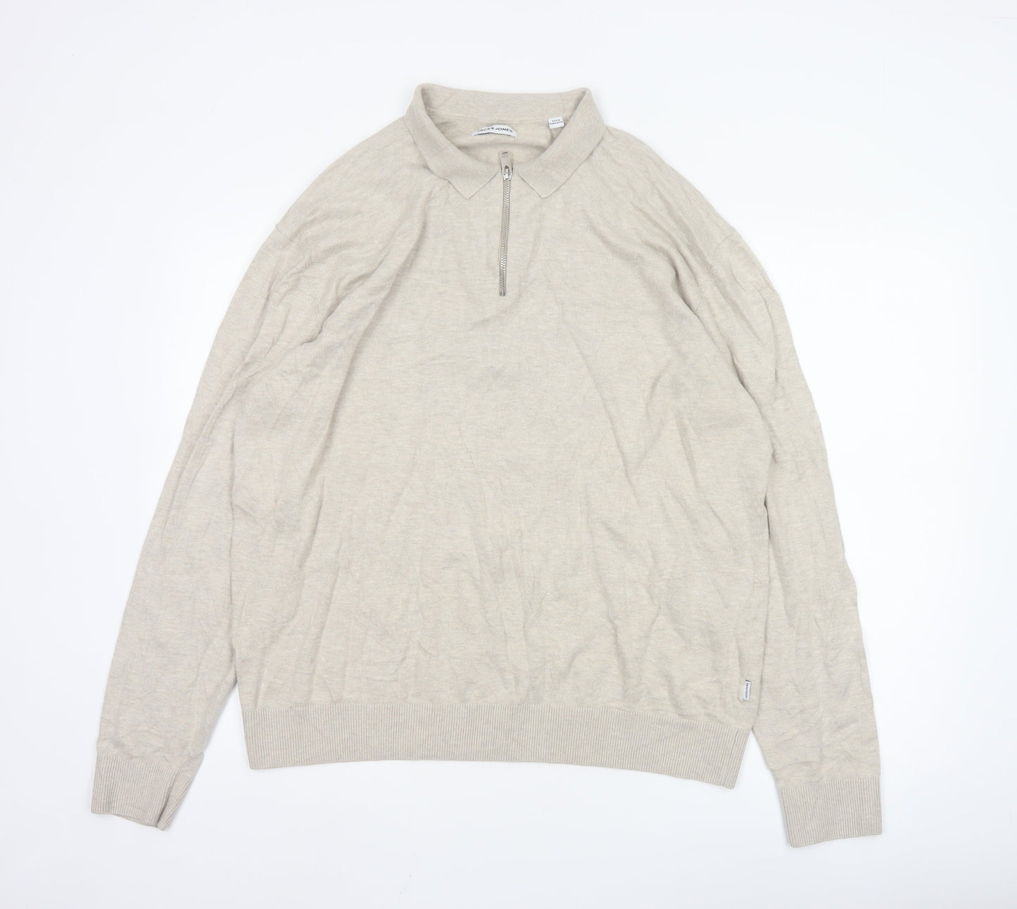 Jack & Jones Men's Beige Collared 1/4 Zip Knit Jumper XL