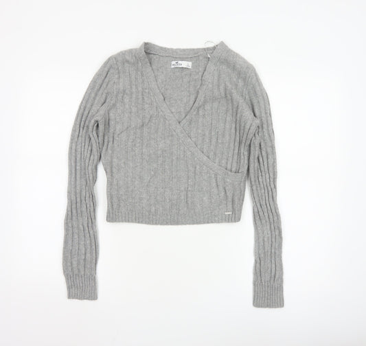 Hollister Women Grey Wrap V-Neck Ribbed Knit Jumper Size L