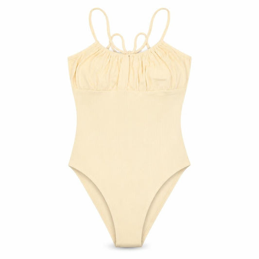 Front view of Miss Selfridge Women Beige Cotton Stretch Bodysuit UK 10