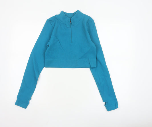 Mooslover Women Blue Long Sleeve Cropped 1/4 Zip Athletic Top L