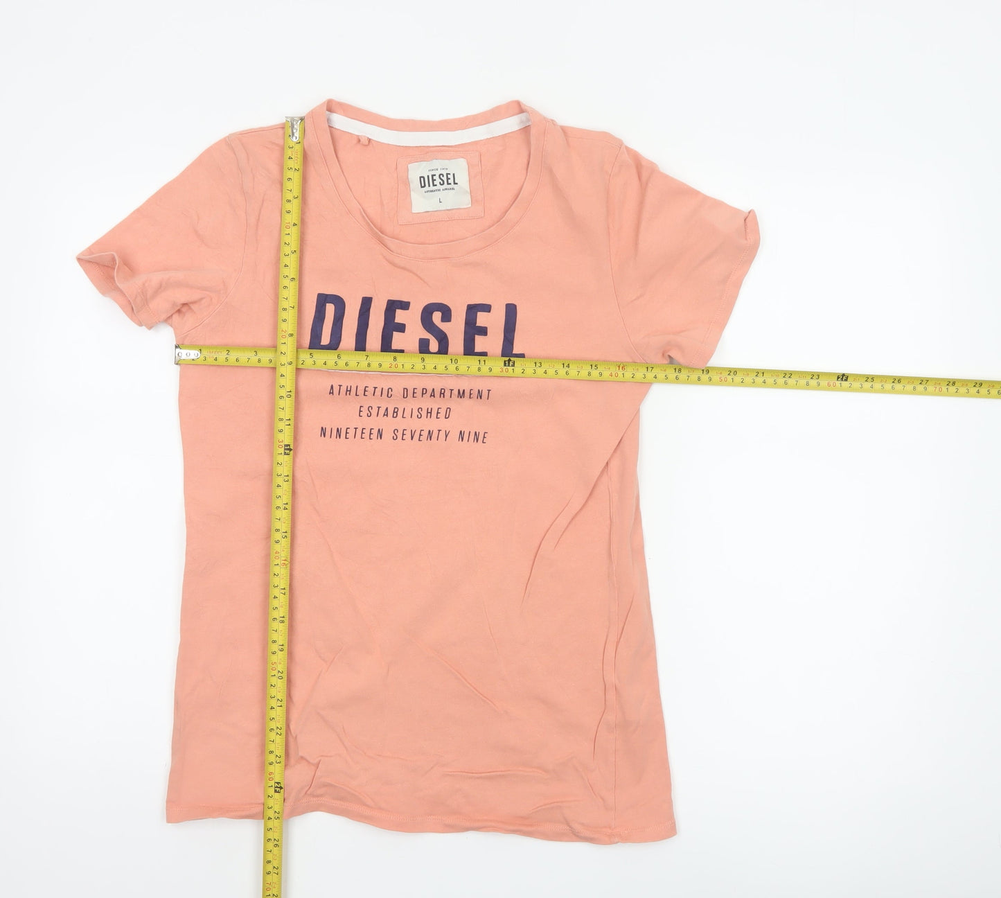 Diesel Men's Peach Cotton Crew Neck Graphic T-Shirt Size L