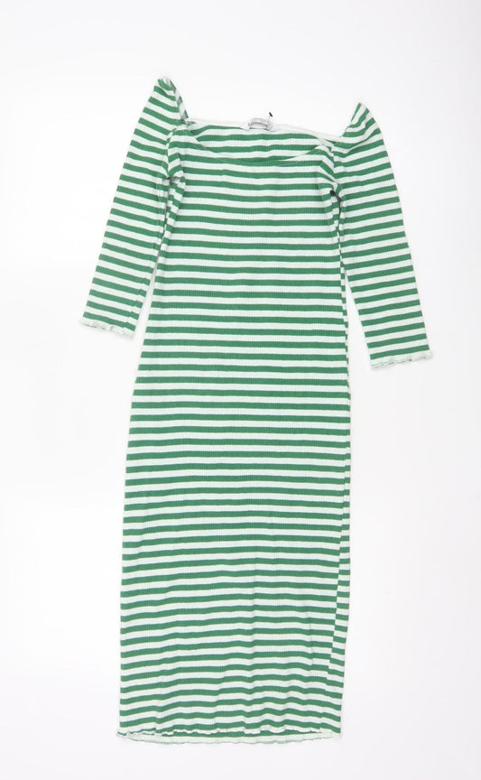 Stradivarius Women Green Stripe Bodycon Midi Dress Size 8