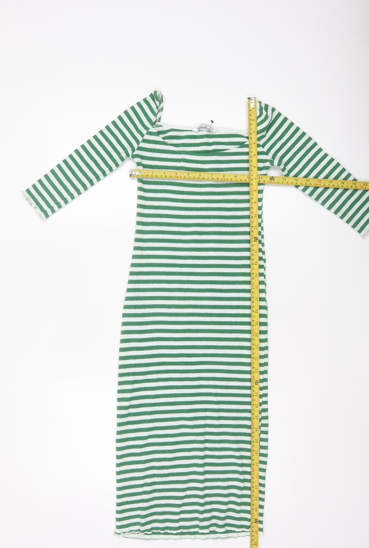 Stradivarius Women Green Stripe Bodycon Midi Dress Size 8