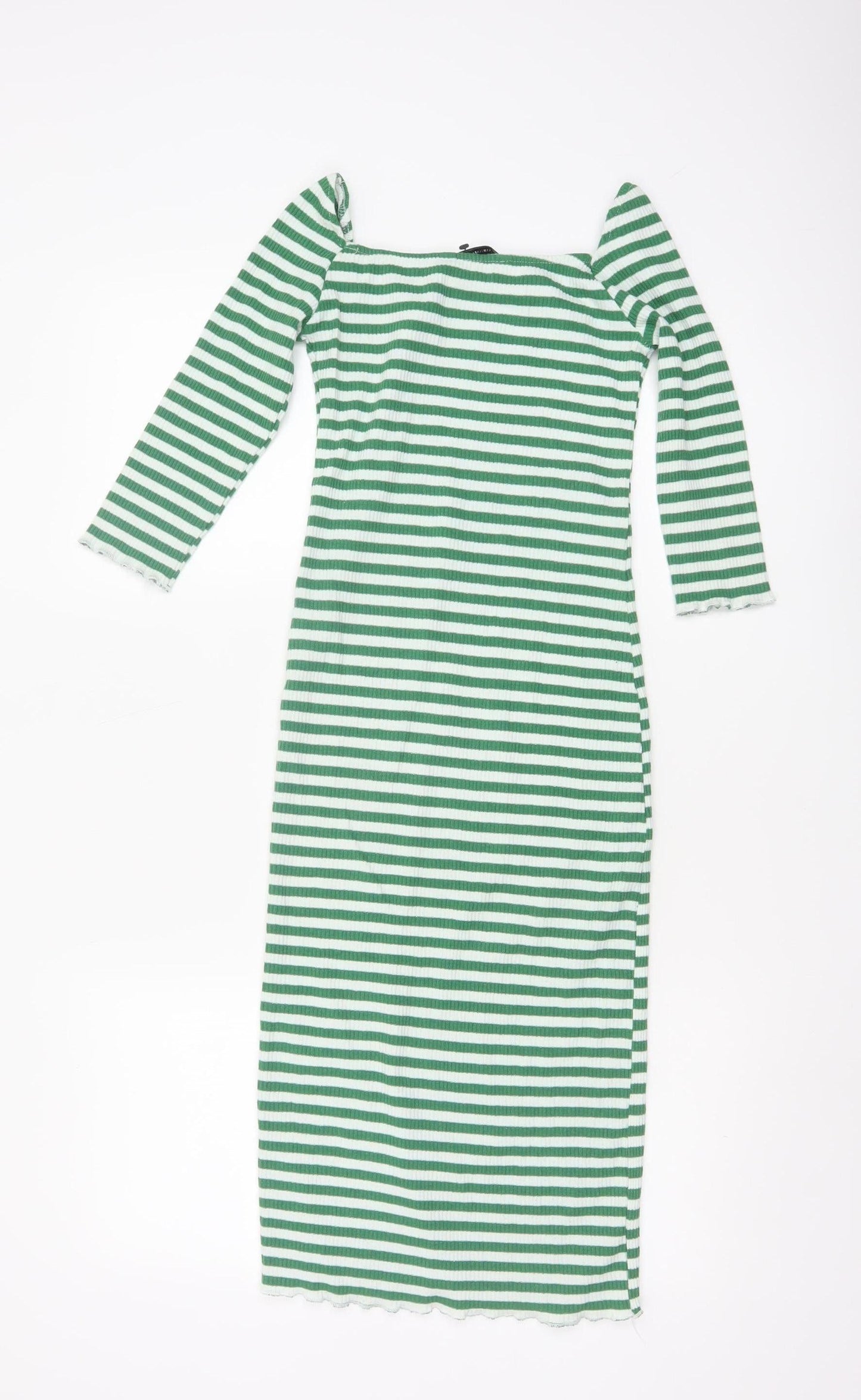 Stradivarius Women Green Stripe Bodycon Midi Dress Size 8