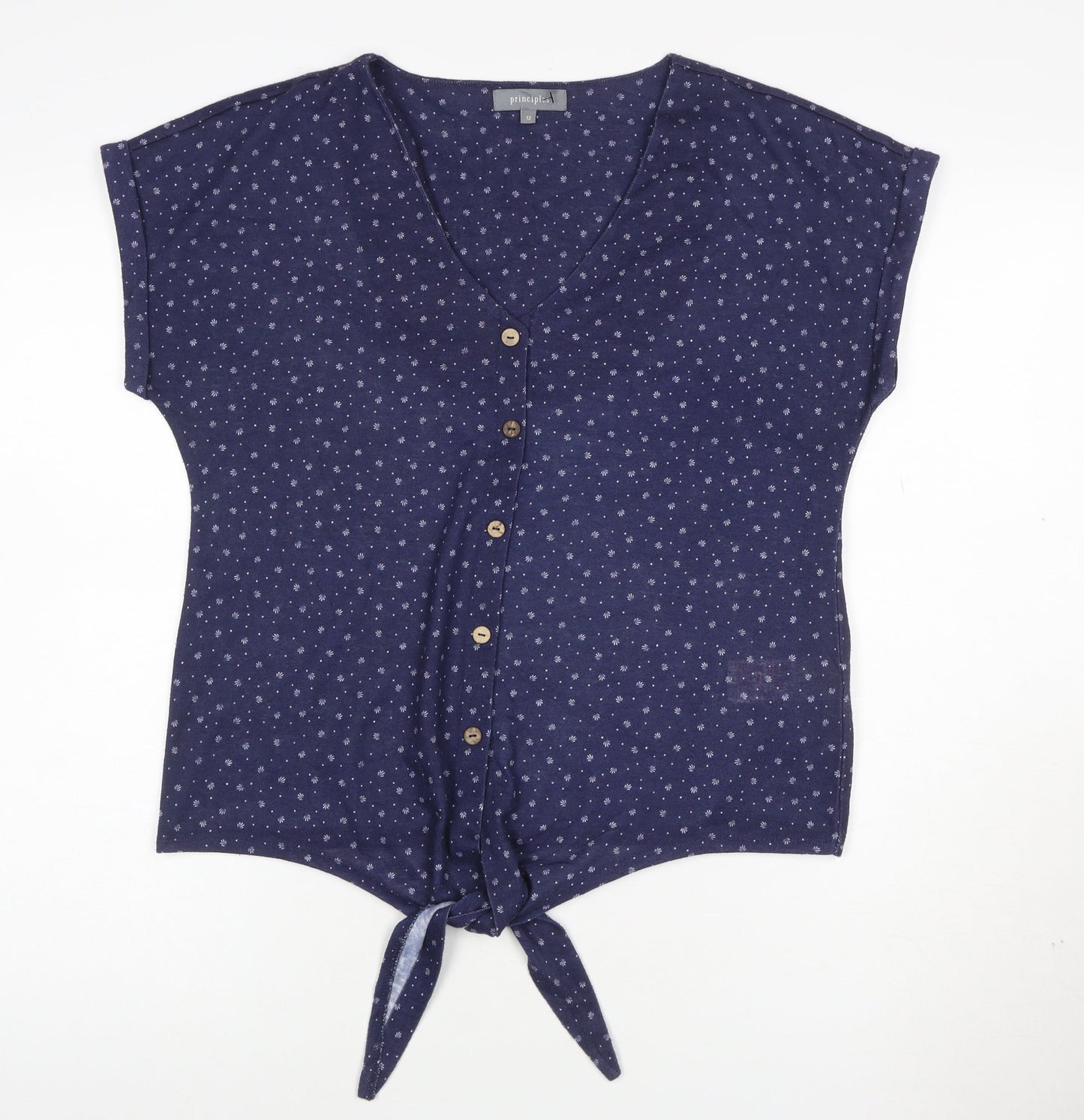 Principles Women Blue Floral V-Neck Button Tie Blouse Size 12
