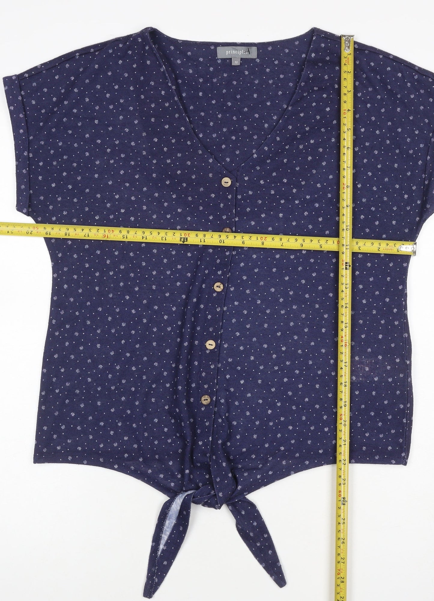 Principles Women Blue Floral V-Neck Button Tie Blouse Size 12