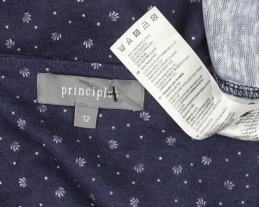Principles Women Blue Floral V-Neck Button Tie Blouse Size 12