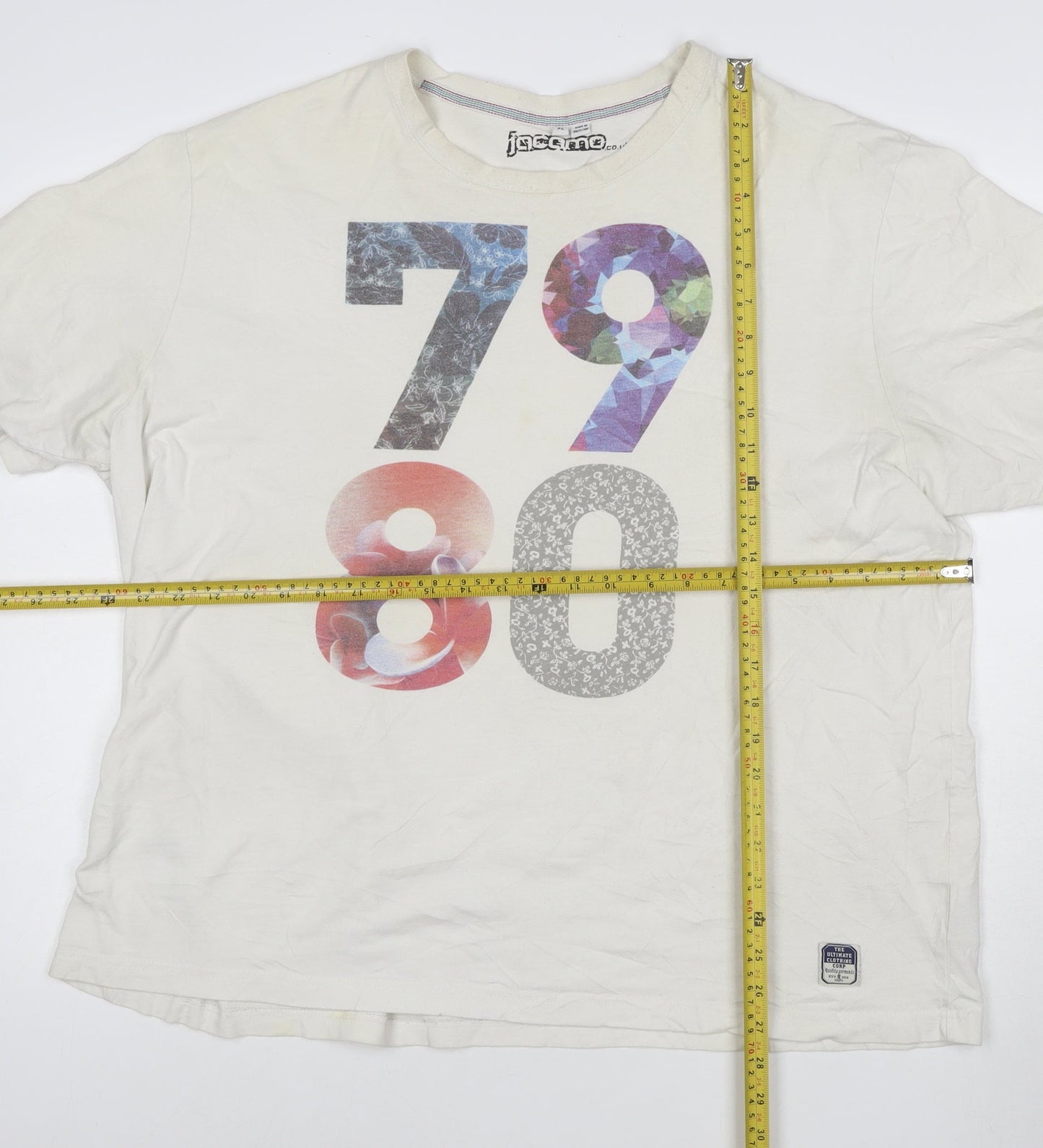 Jacamo Men’s White XL 70s 80s Graphic Print Cotton Crew Neck T-Shirt