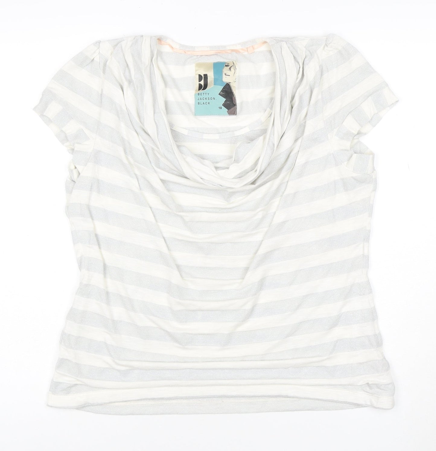 Betty Jackson Black Womens White Striped Cowl Neck Short Sleeve Top Size 18