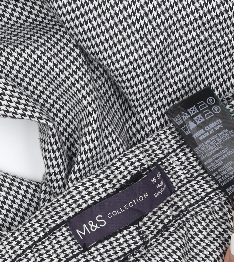Marks and Spencer Womens Black Houndstooth Wide-Leg Slim Trousers Size 16