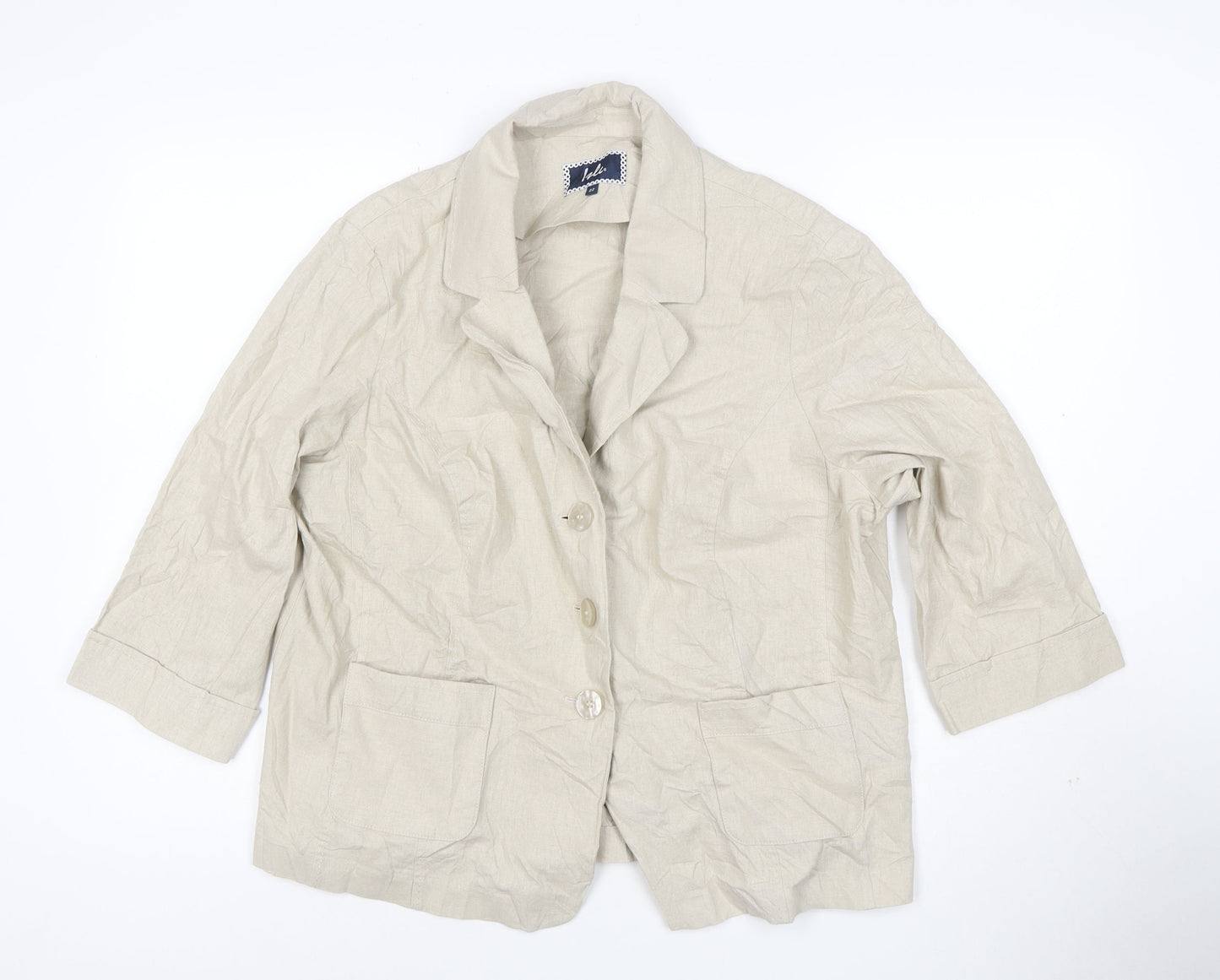 Izabel London Womens Beige Linen Blend 3/4 Sleeve Single Breasted Blazer Size 22