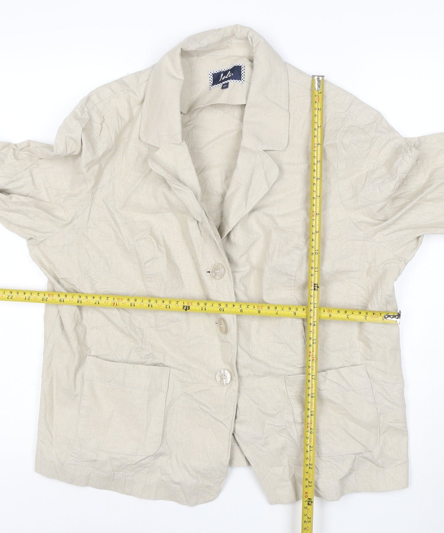 Izabel London Womens Beige Linen Blend 3/4 Sleeve Single Breasted Blazer Size 22