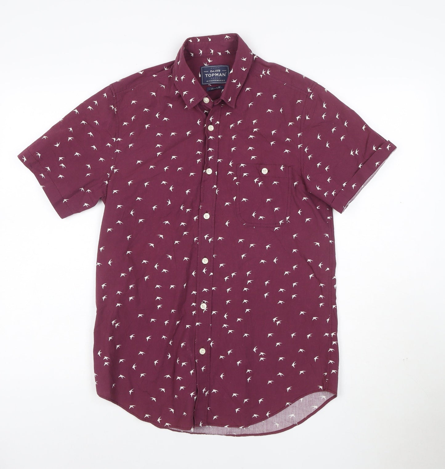 Topman Men's Red Bird Print Short Sleeve Cotton Button-Up Shirt Size S