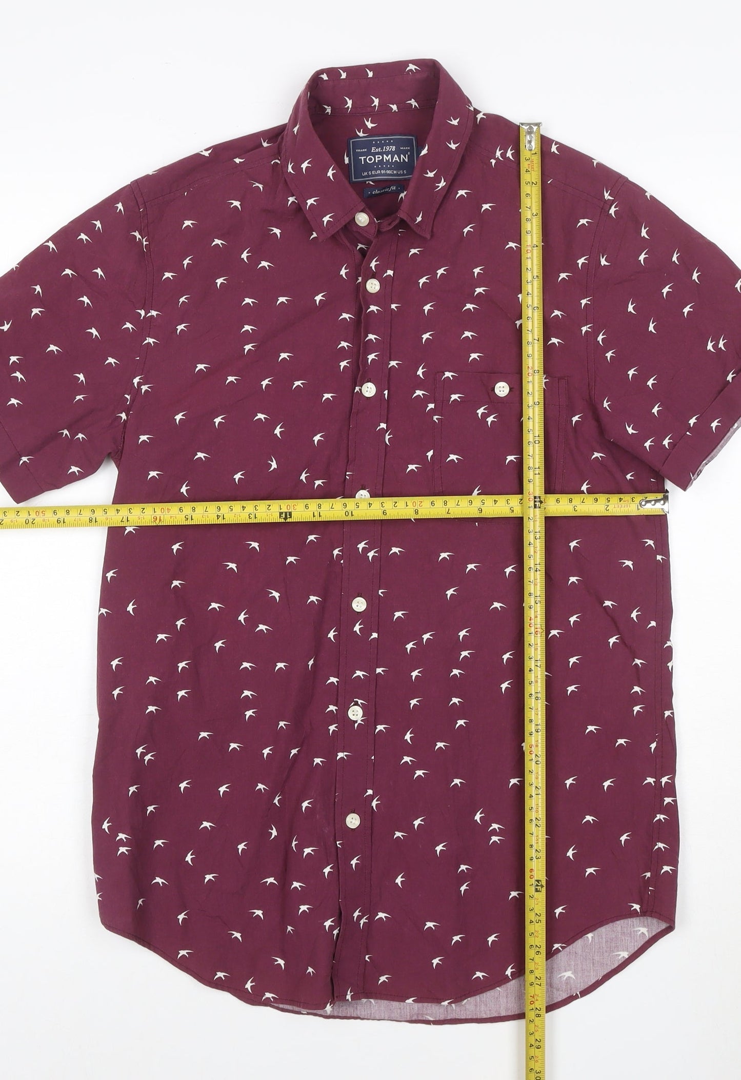 Topman Men's Red Bird Print Short Sleeve Cotton Button-Up Shirt Size S