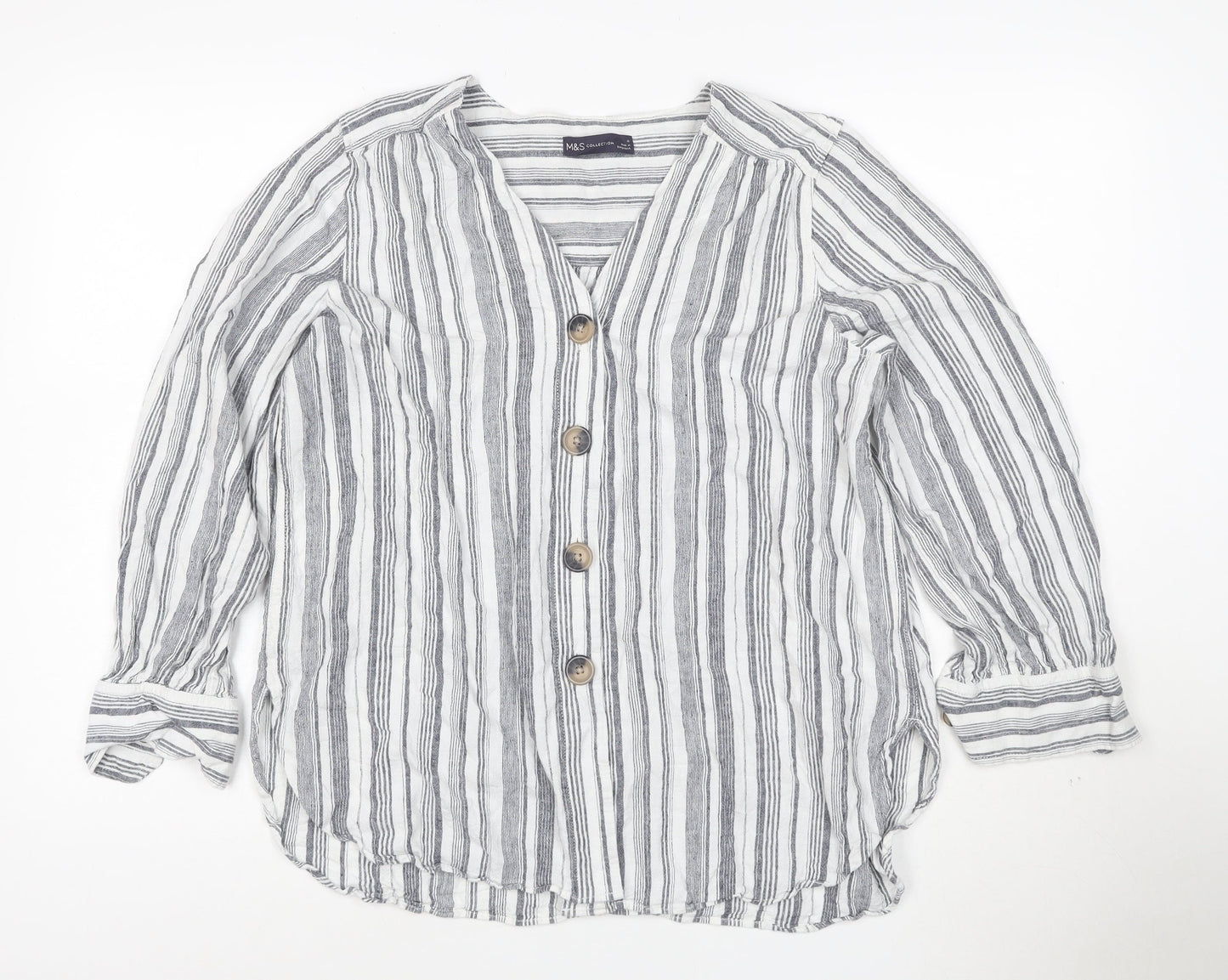 Marks and Spencer Women Grey Striped Linen Tunic Shirt Size 16