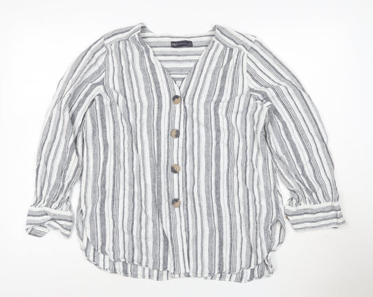 Marks and Spencer Women Grey Striped Linen Tunic Shirt Size 16