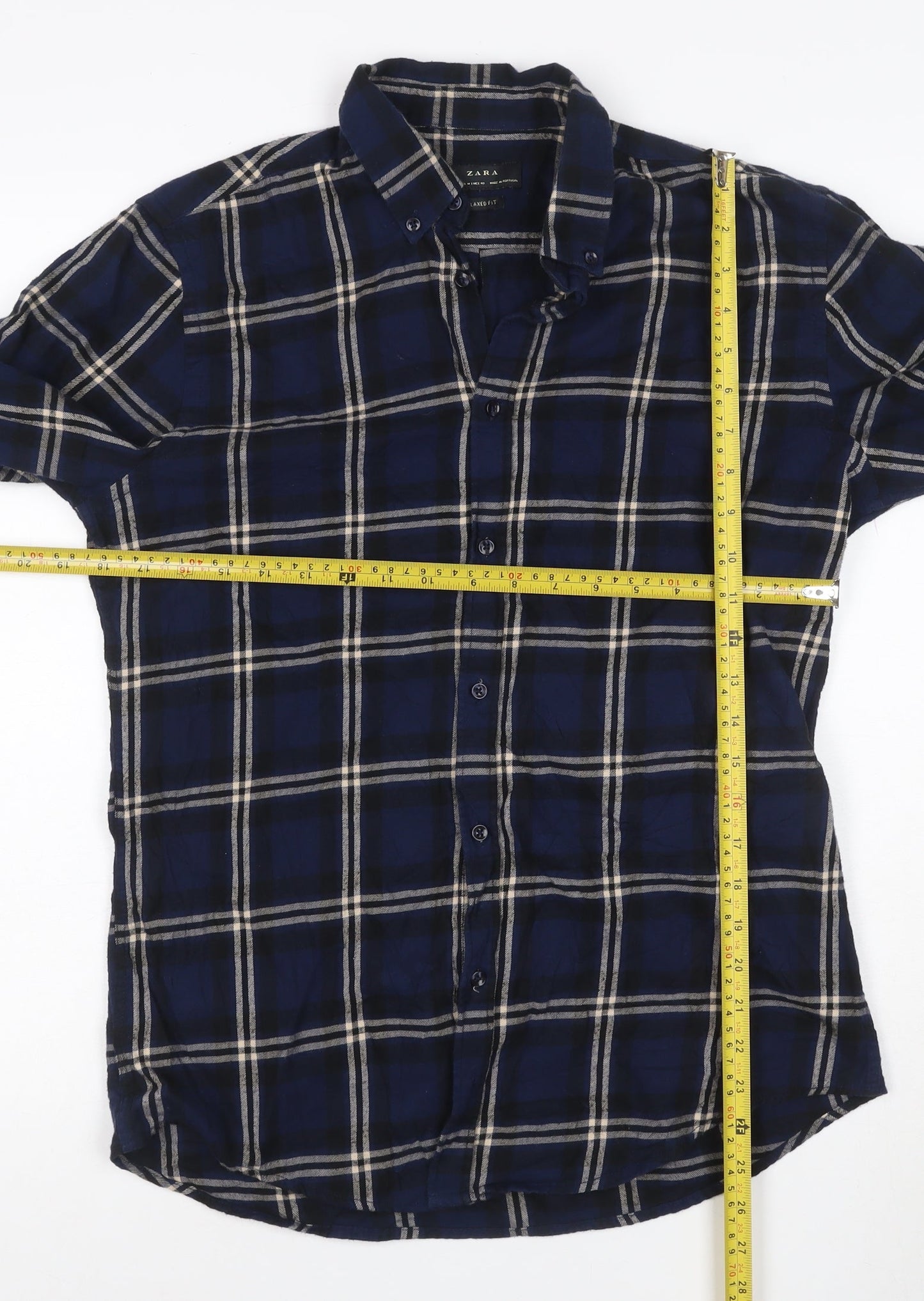 Zara Men's Blue Check Relaxed Fit Button-Up Flannel Shirt Size M