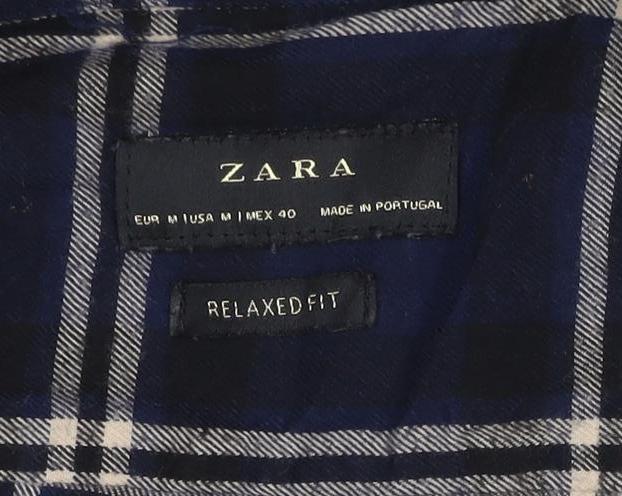 Zara Men's Blue Check Relaxed Fit Button-Up Flannel Shirt Size M