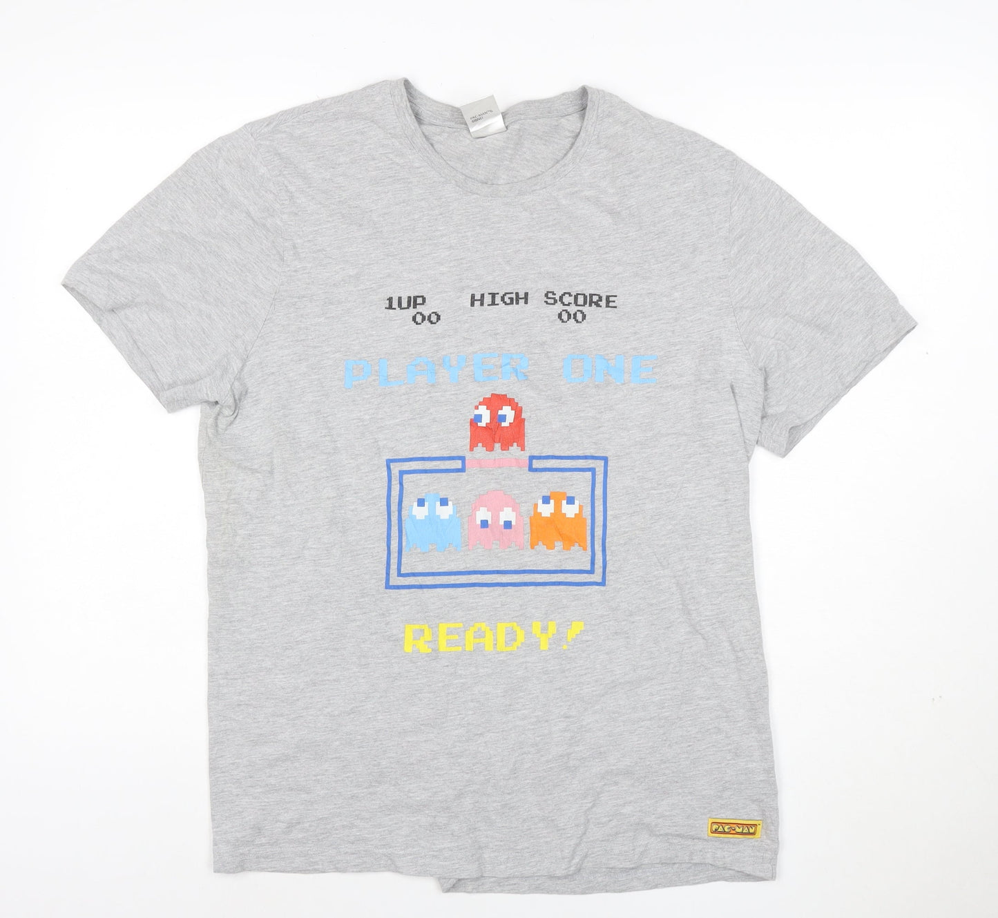 George Men’s Grey Pac-Man Graphic T-Shirt Size L 100% Cotton Retro Gamer Style