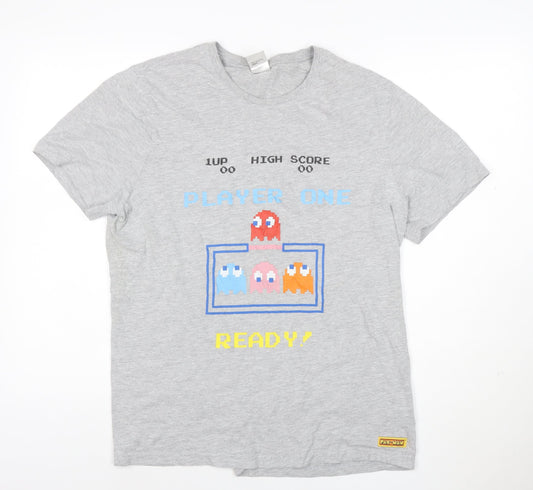 George Men’s Grey Pac-Man Graphic T-Shirt Size L 100% Cotton Retro Gamer Style