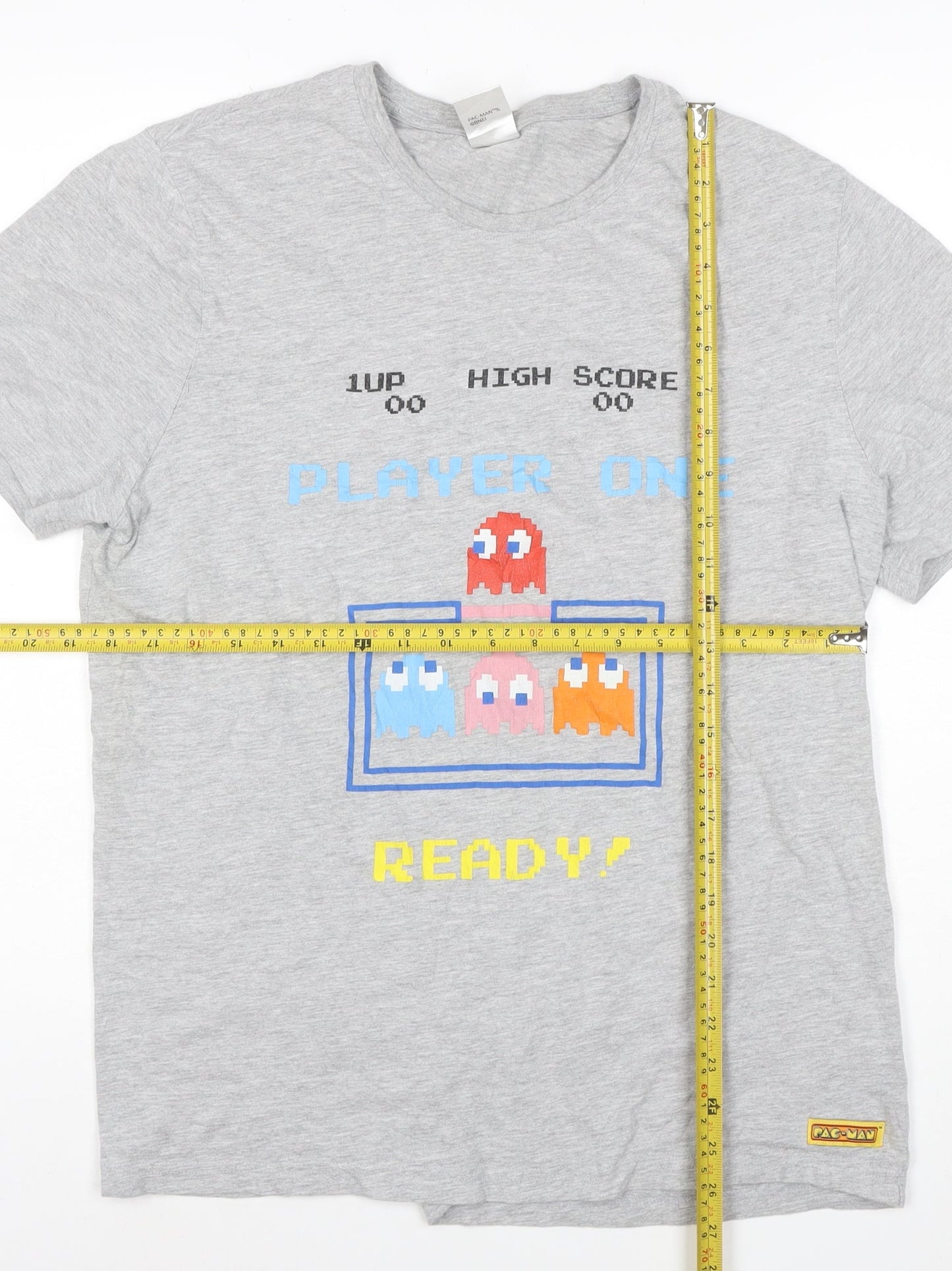 George Men’s Grey Pac-Man Graphic T-Shirt Size L 100% Cotton Retro Gamer Style