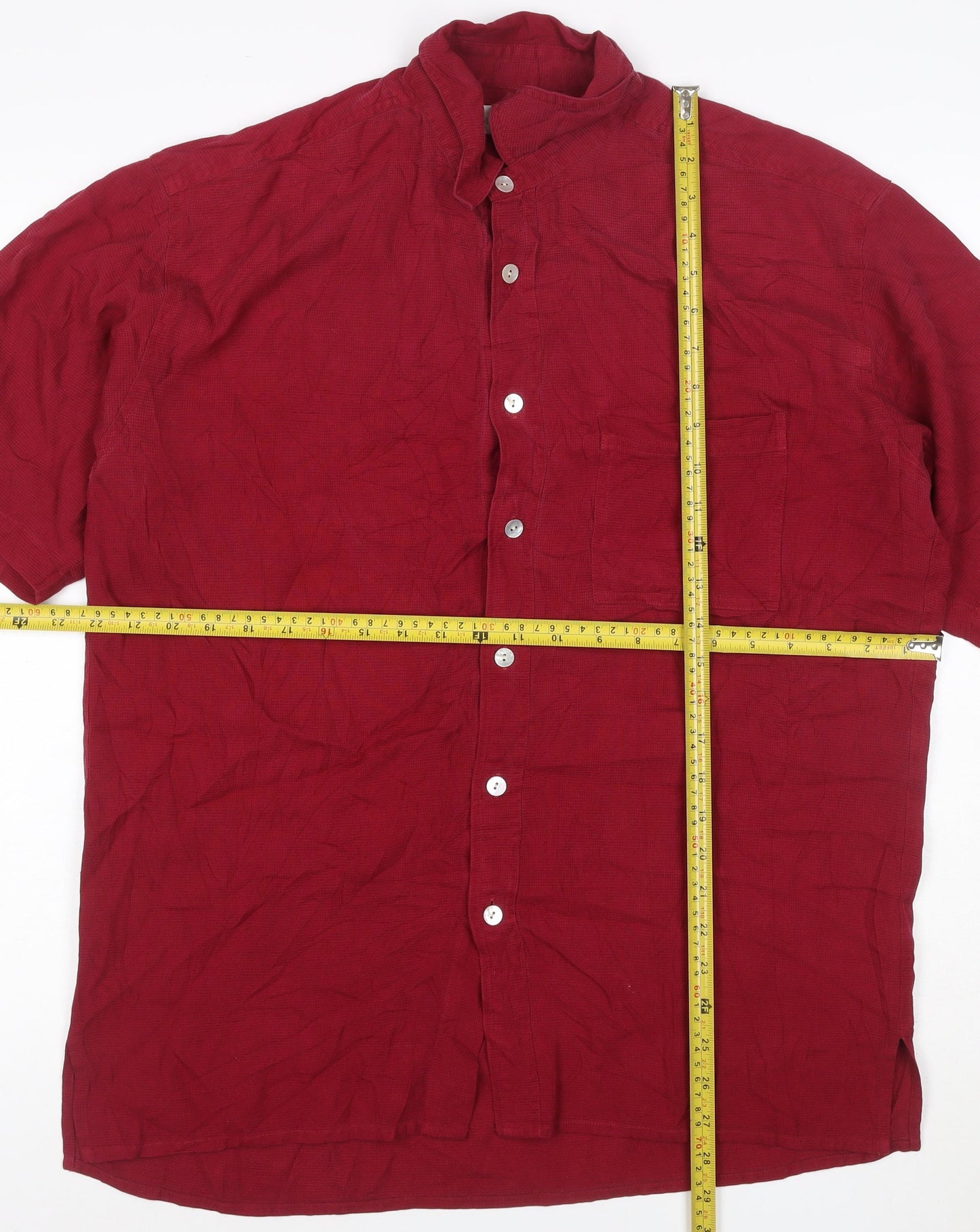 Marks and Spencer Men's Red Silk Short Sleeve Button-Up Shirt M
