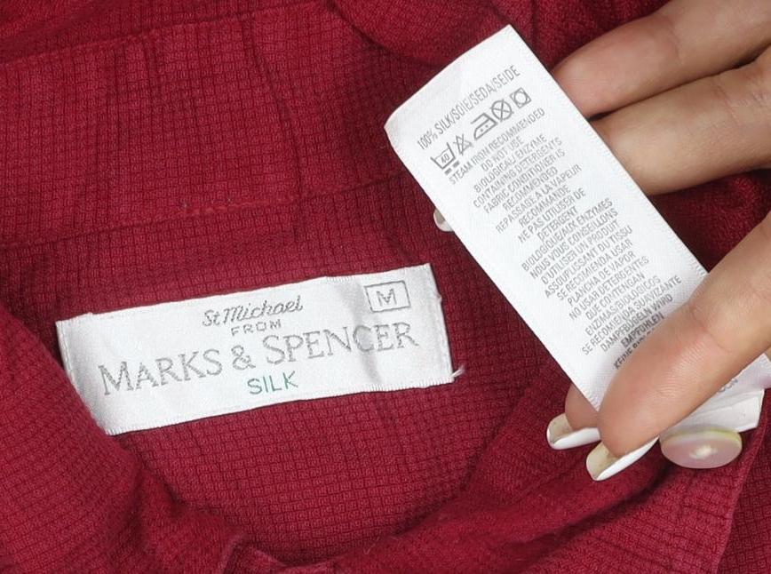 Marks and Spencer Men's Red Silk Short Sleeve Button-Up Shirt M