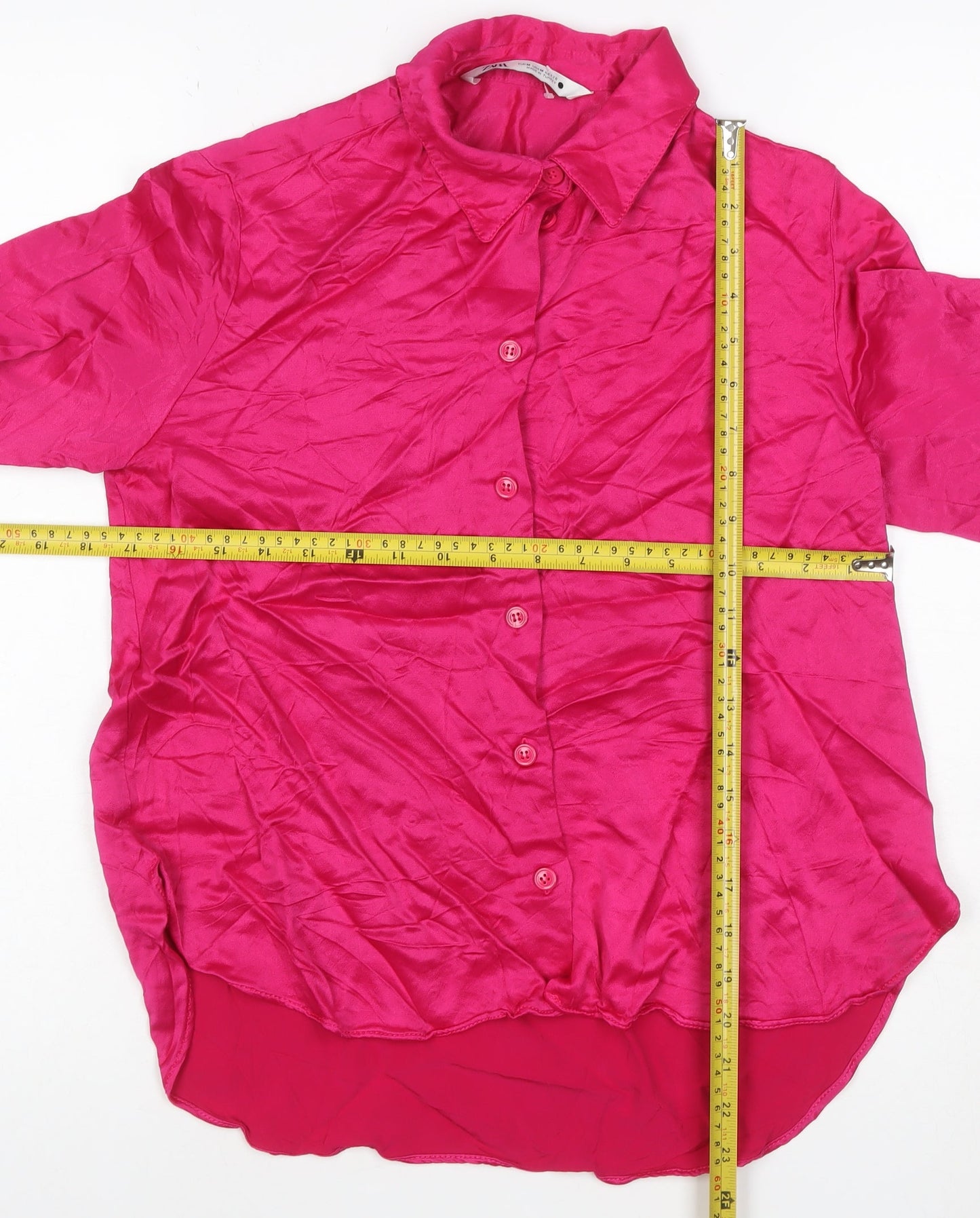 ZARA Women Pink Viscose Satin Button-Up Long Sleeve Shirt Size 12