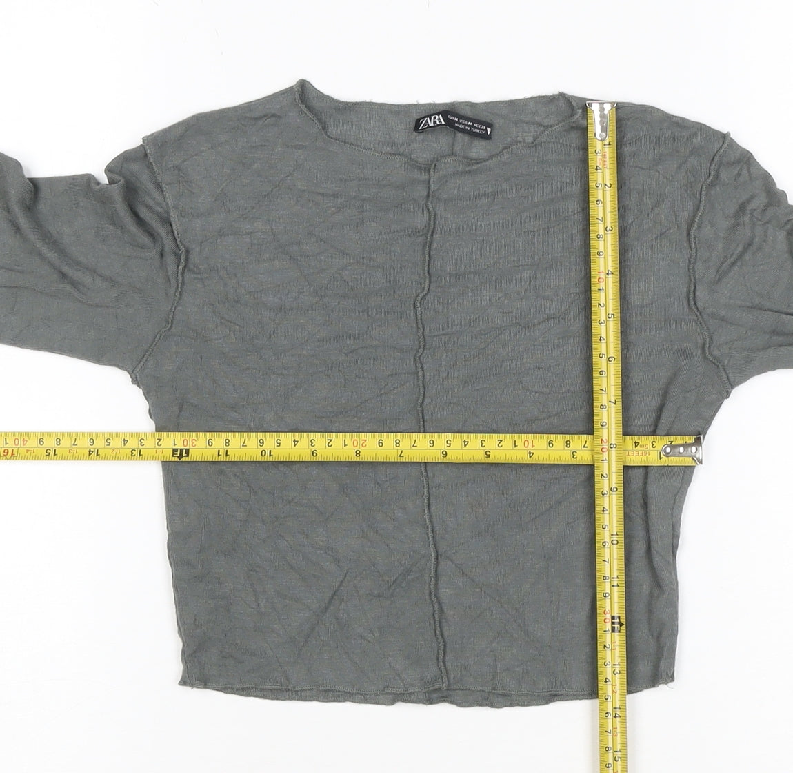 Zara Women Grey Cropped Long Sleeve Cotton Slim Fit Top Size 12