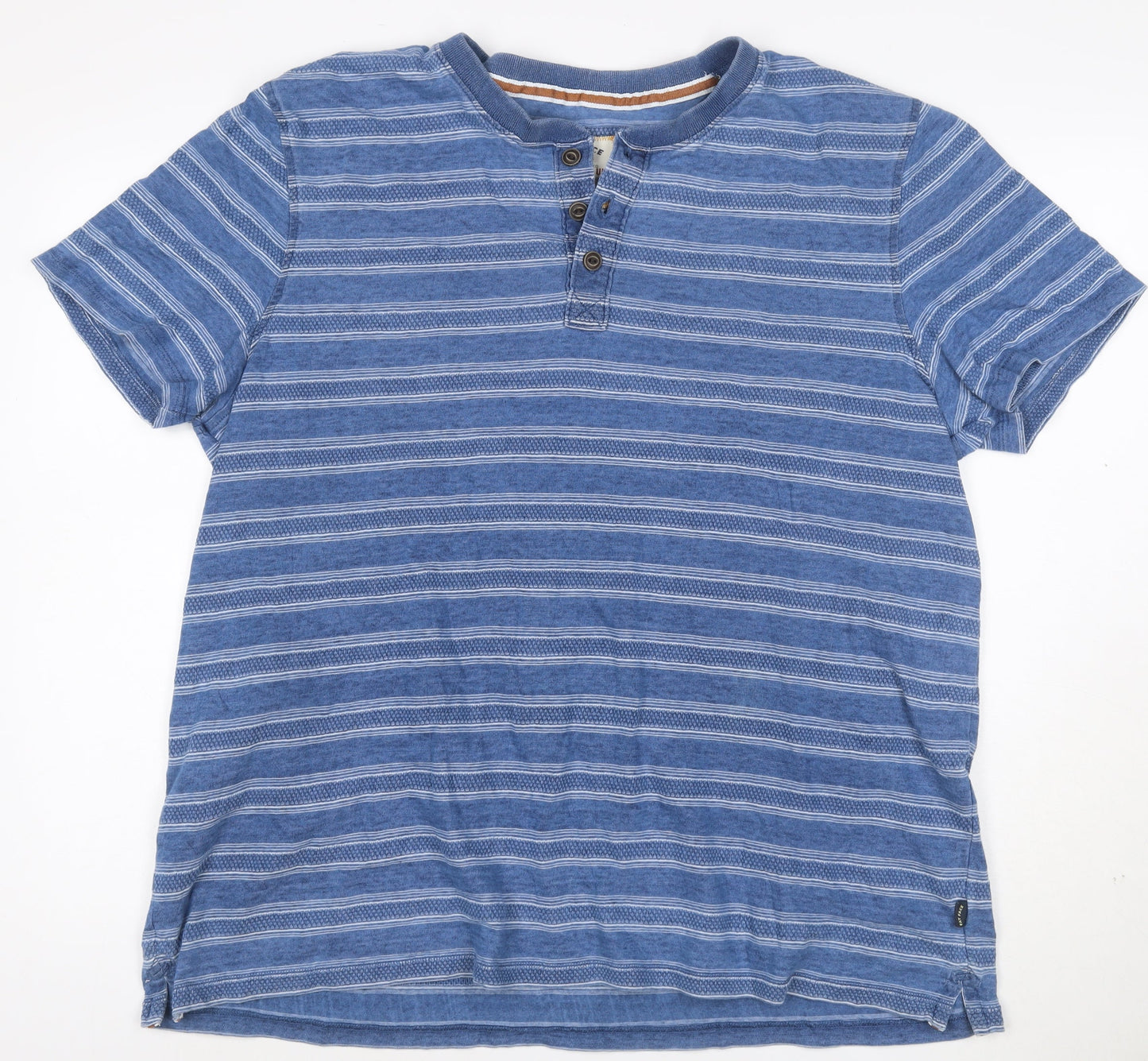 Fat Face Men's Blue Striped Henley Short Sleeve T-Shirt 2XL
