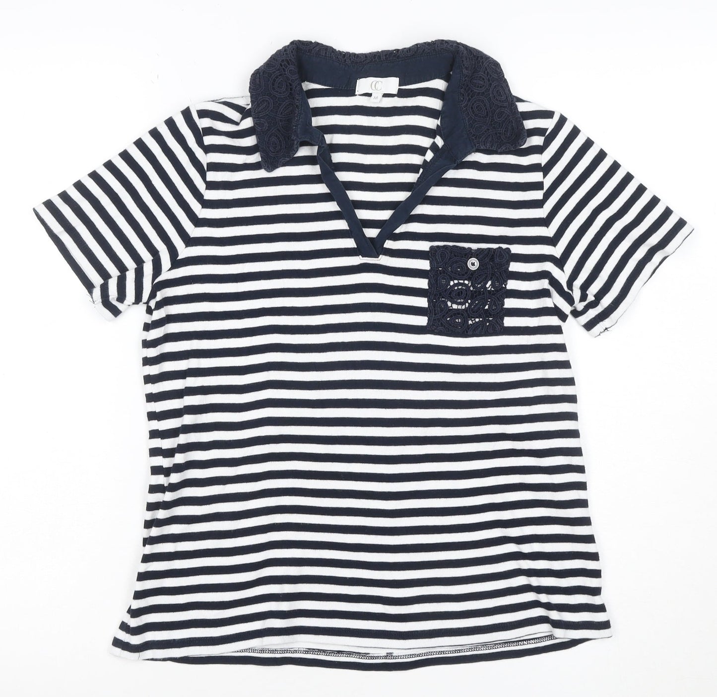 CC Women Blue Striped Cotton Polo Shirt Size M Short Sleeve