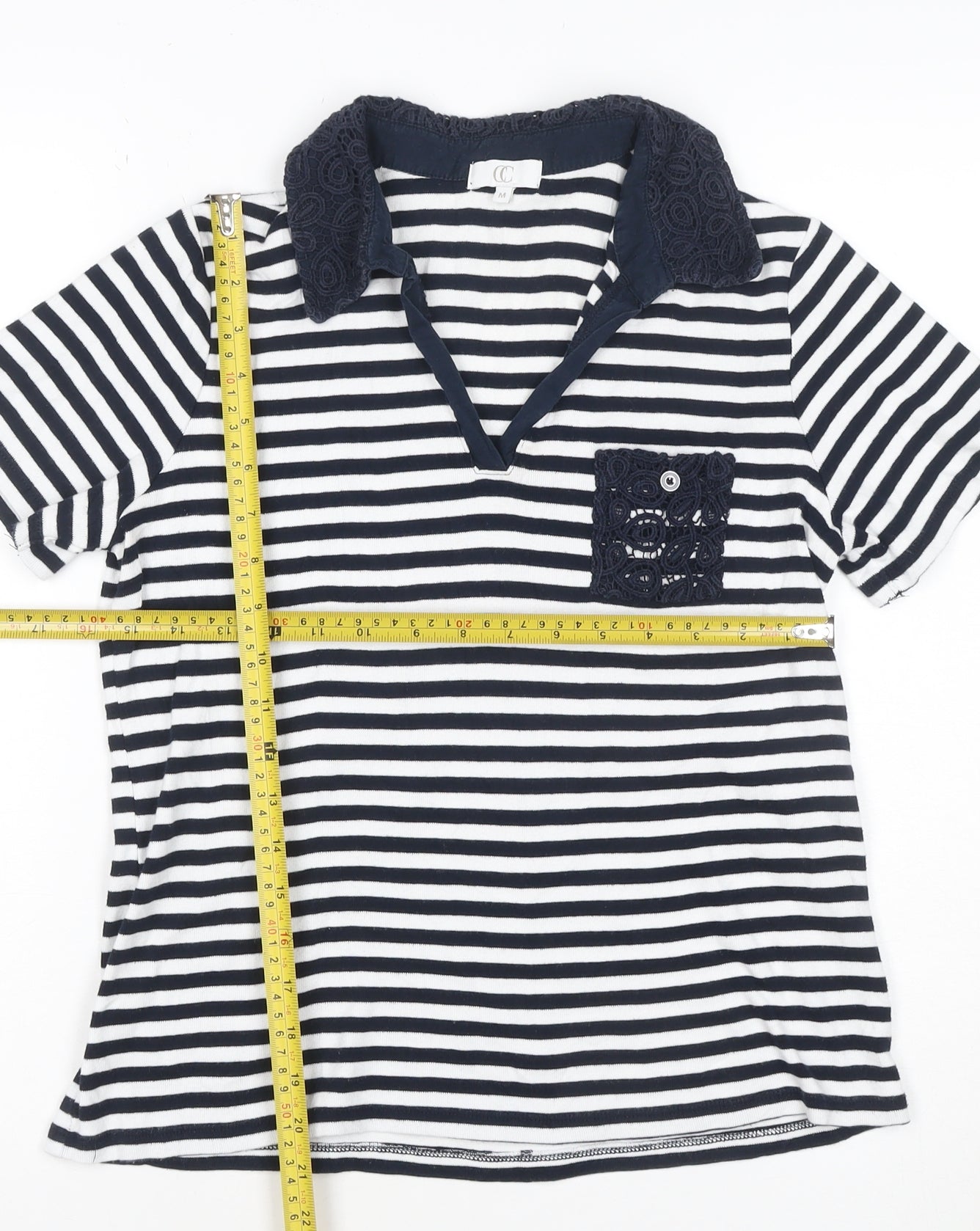 CC Women Blue Striped Cotton Polo Shirt Size M Short Sleeve