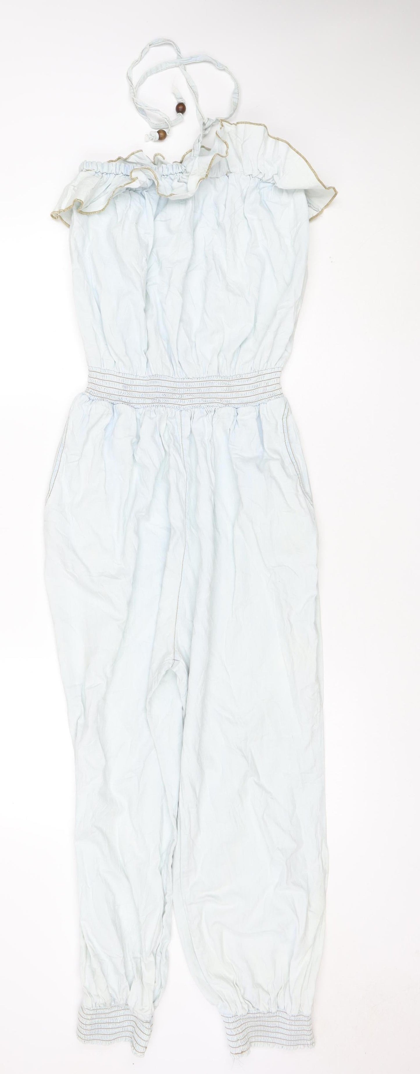 Denim Co Women Blue Strapless Ruffle Jumpsuit Size 12 Elastic Waist