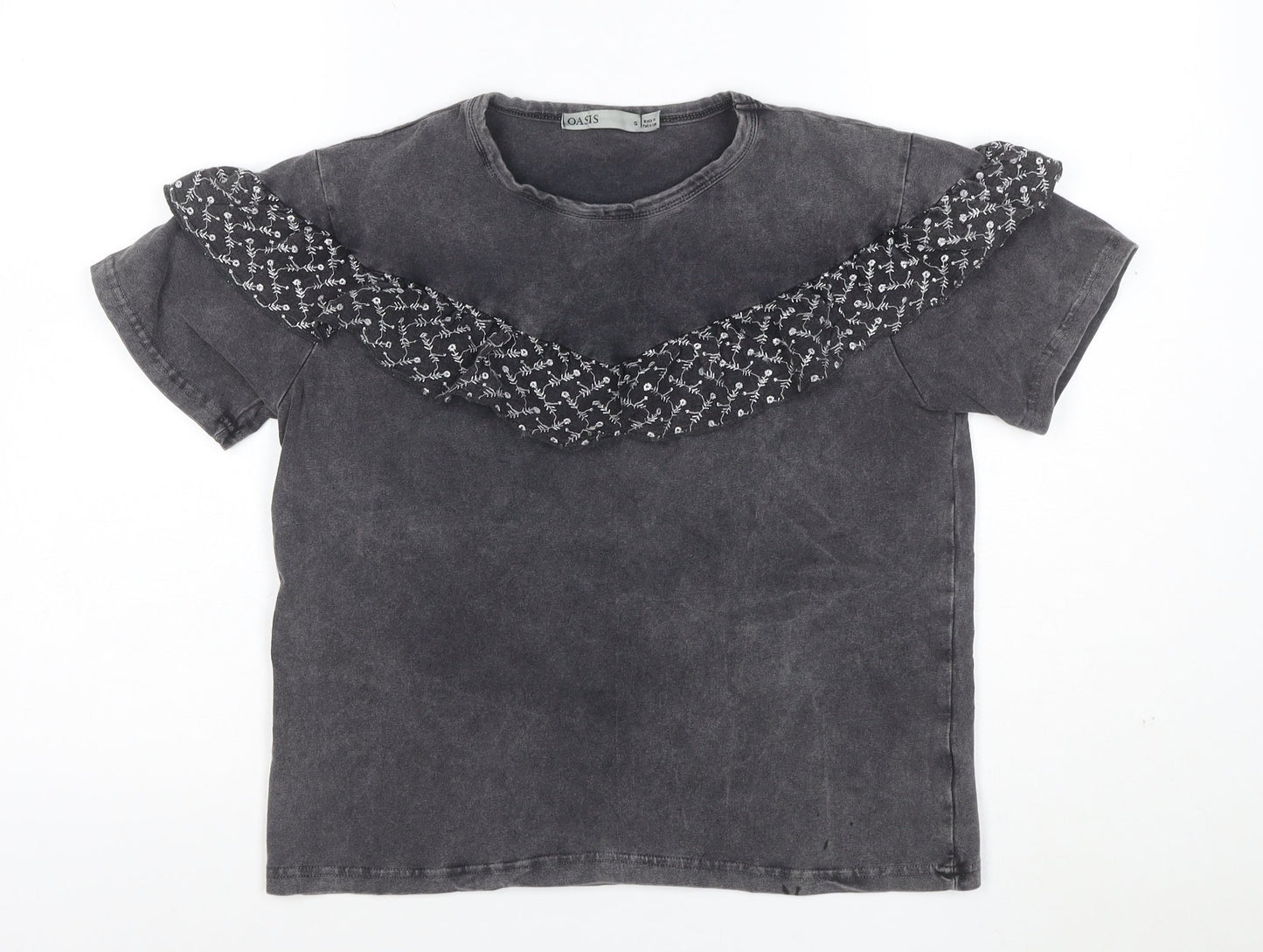 Oasis Womens Grey Ruffle Short Sleeve Cotton T-Shirt Size S