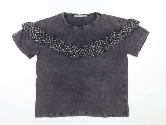 Oasis Womens Grey Ruffle Short Sleeve Cotton T-Shirt Size S