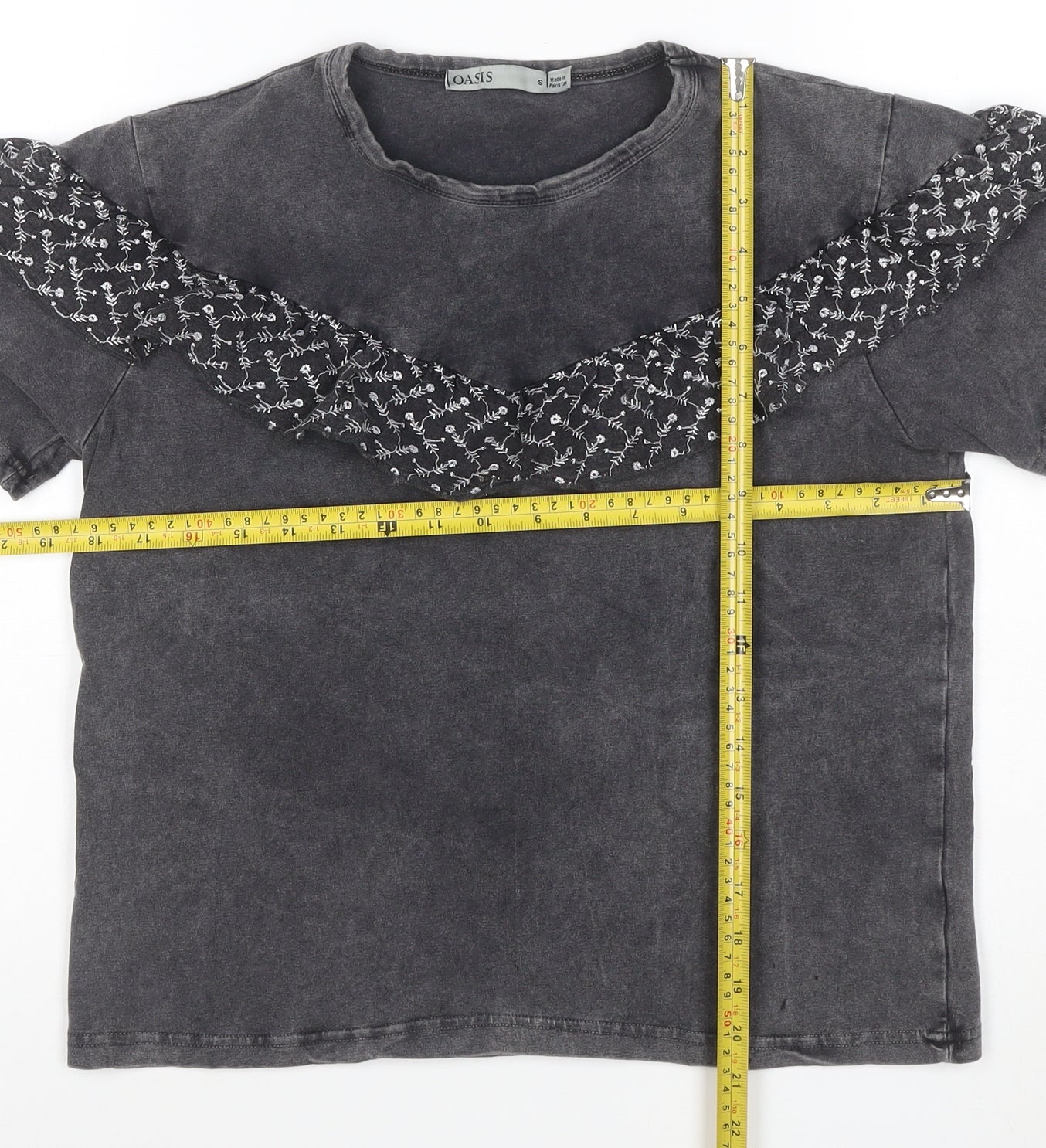 Oasis Womens Grey Ruffle Short Sleeve Cotton T-Shirt Size S