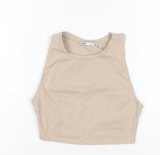 ZARA Women Beige Cropped Cotton Tank Top Size S