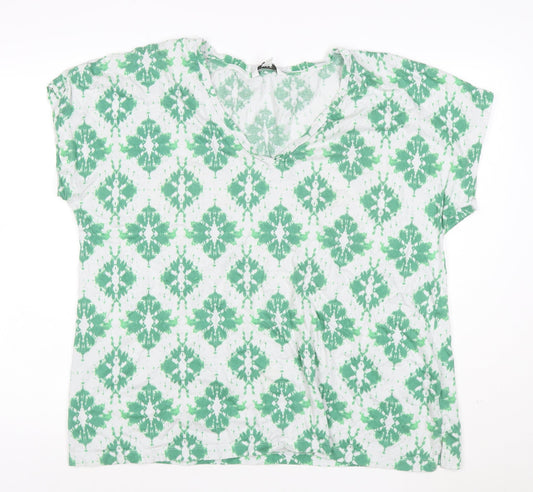 Marks and Spencer Women’s Green Geometric V-Neck Jersey T-Shirt Size 18