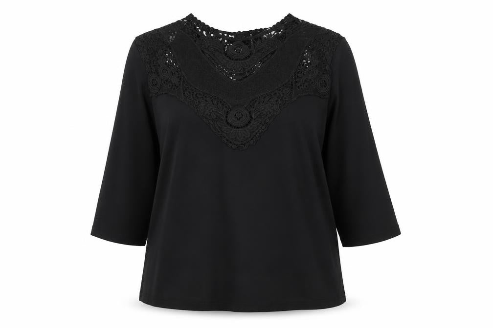 Fair Lady Women's Black Lace 3/4 Sleeve Tunic Blouse Size 12