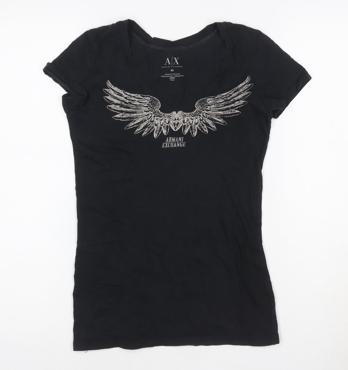 Armani Exchange Womens Black XS V-Neck Angel Wing Graphic Cotton T-Shirt