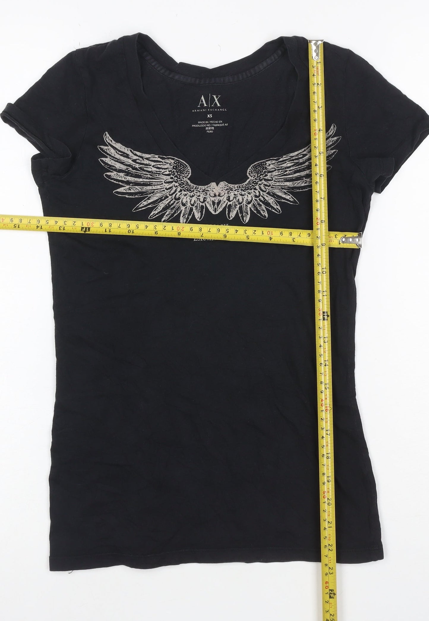 Armani Exchange Womens Black XS V-Neck Angel Wing Graphic Cotton T-Shirt